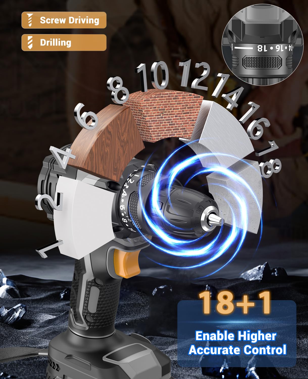 Destornillador inalámbrico sin escobillas (21 V, batería de 2,0 Ah, taladro de batería de 42 Nm, 2 velocidades, 18+1 niveles de torsión, luz LED, 20 piezas, juego de accesorios para jardín