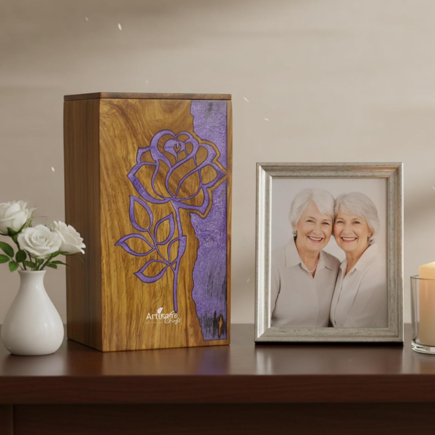 Wooden Cremation Urn for Human Ashes Medium 150 Cu In | Handmade Resin Rose Design Memorial Urn Box | Decorative Funeral Urn for Ashes | Elegant Wooden Burial Urn Keepsake for Loved One