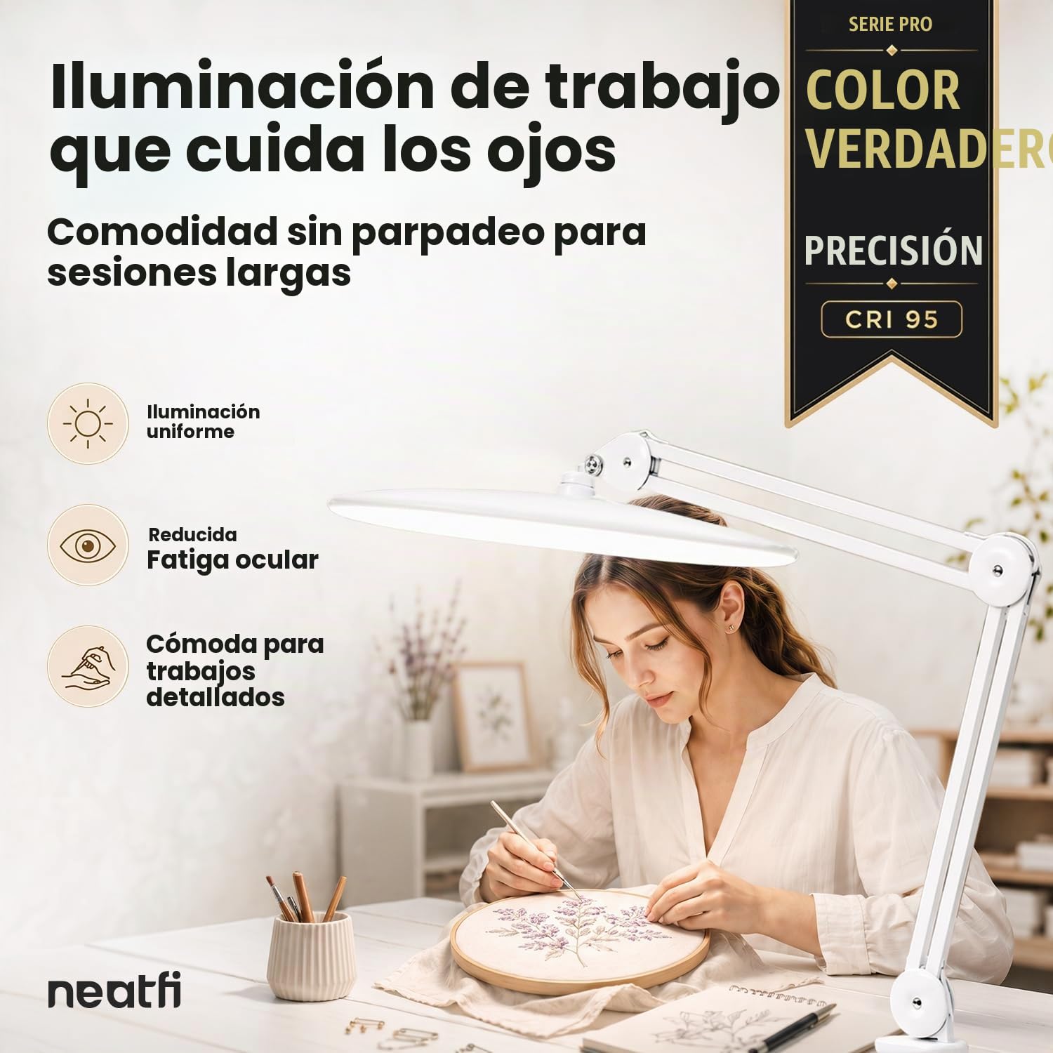 Neatfi Pro Series Lámpara LED de Escritorio – Precisión de Color Real (CRI 95) | 2.200 lúmenes | Modos CCT ajustables | Cabezal Ancho de 51 CM | Regulable con brazo ajustable y abrazadera (Blanco)