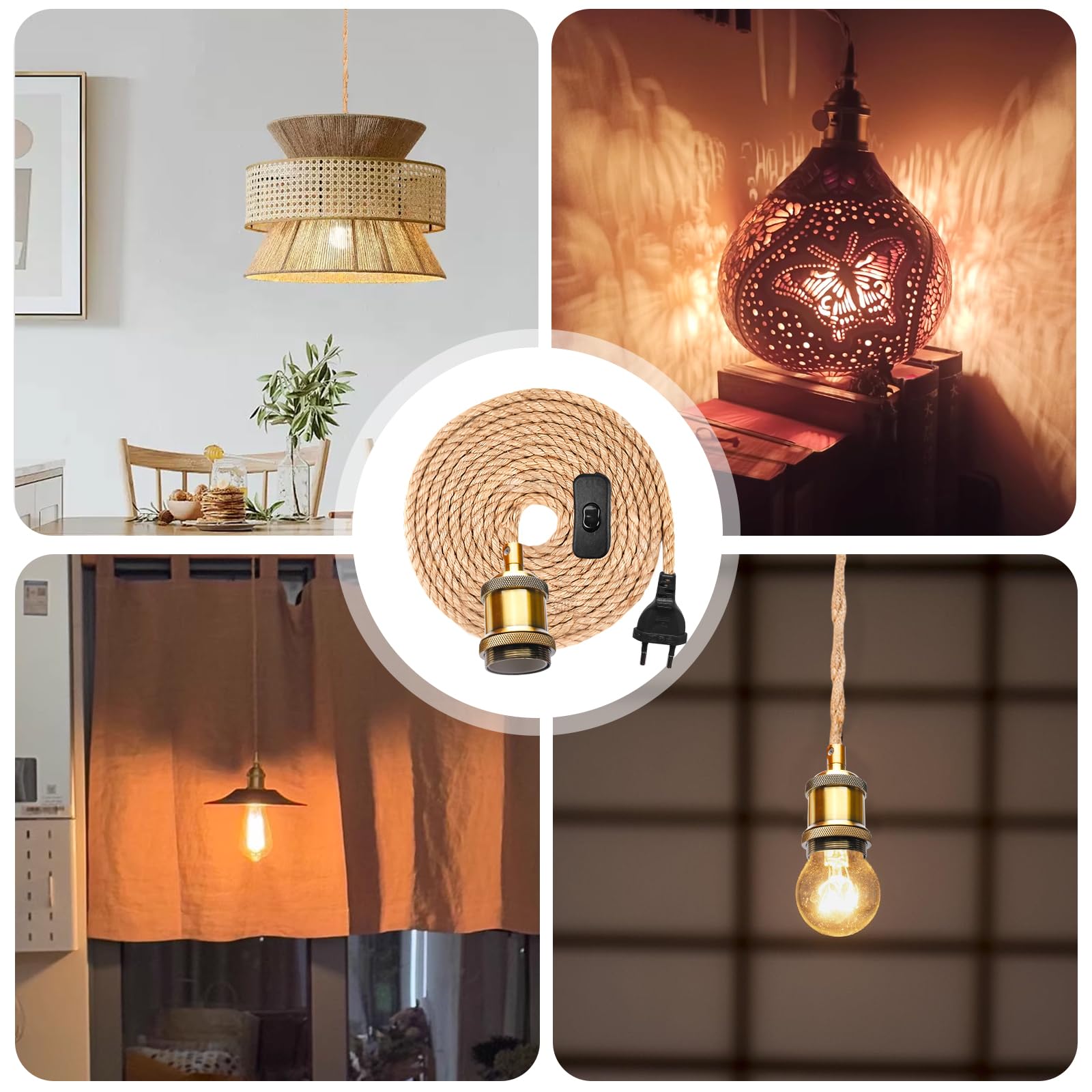 2 suspensiones vintage con enchufes, cables E27, cadenas de luces, cables con interruptor y enchufes en cuerda de cáñamo de 4,6 m, suspensiones de cable único para montar tú mismo