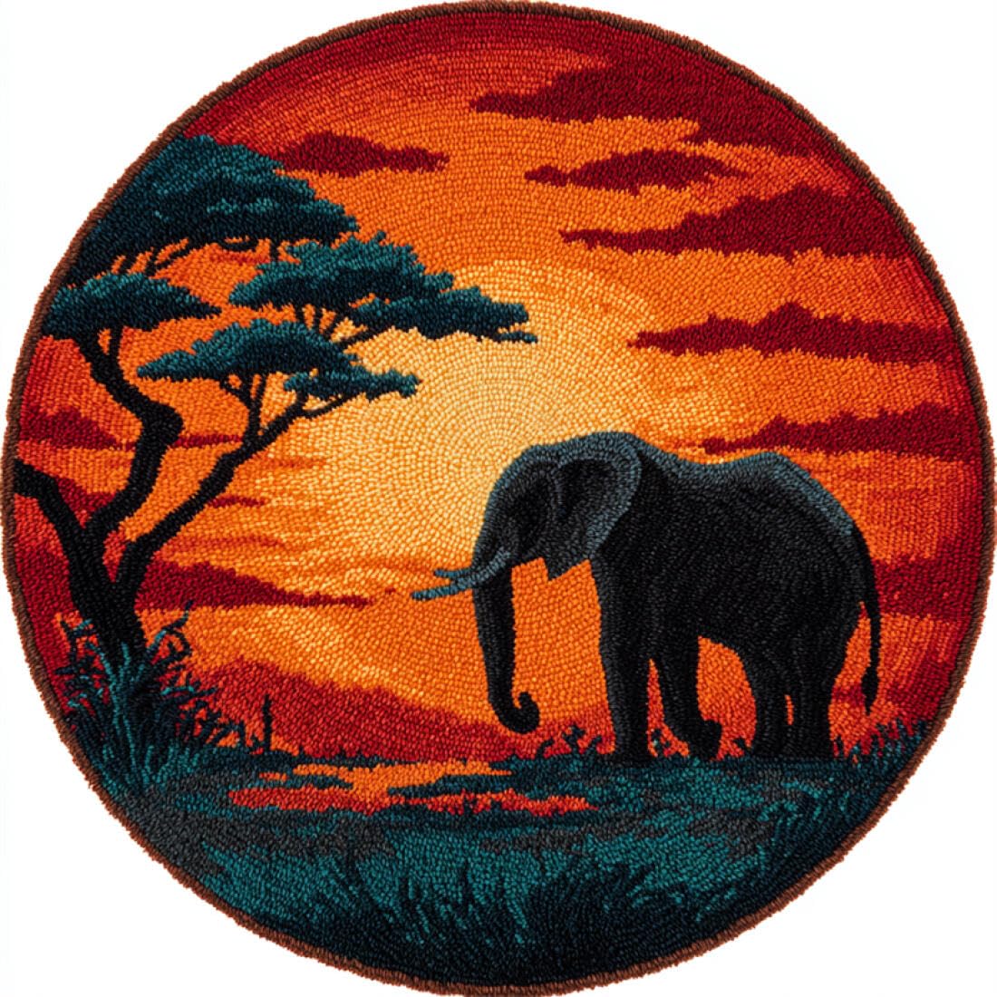 Rqwybcaxn DIY Rug Latch Hook Kits for Teens Animal Needlework Kit Elephant Silhouette 80x80cm Round Tapestry with Crochet Hook Study Craft Gift
