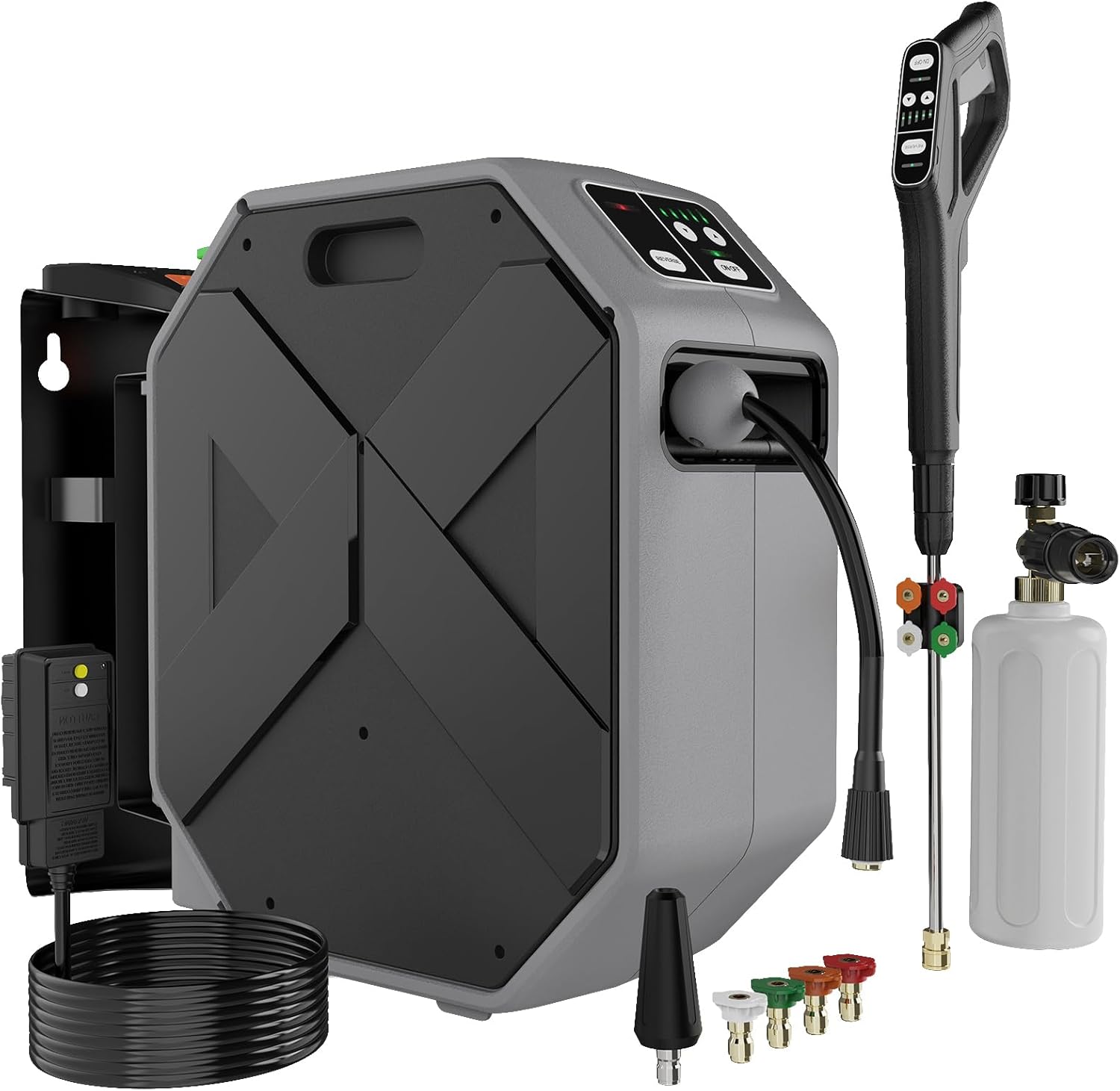 Wall Mounted Pressure Washer - 5000 PSI, 3.6 GPM Electric Power Washer with 100FT Retractable Hose, 5-Stage Adjustable Pressure, Foam Cannon & 5 Nozzles for Car, Lane, Patio Cleaning, Black