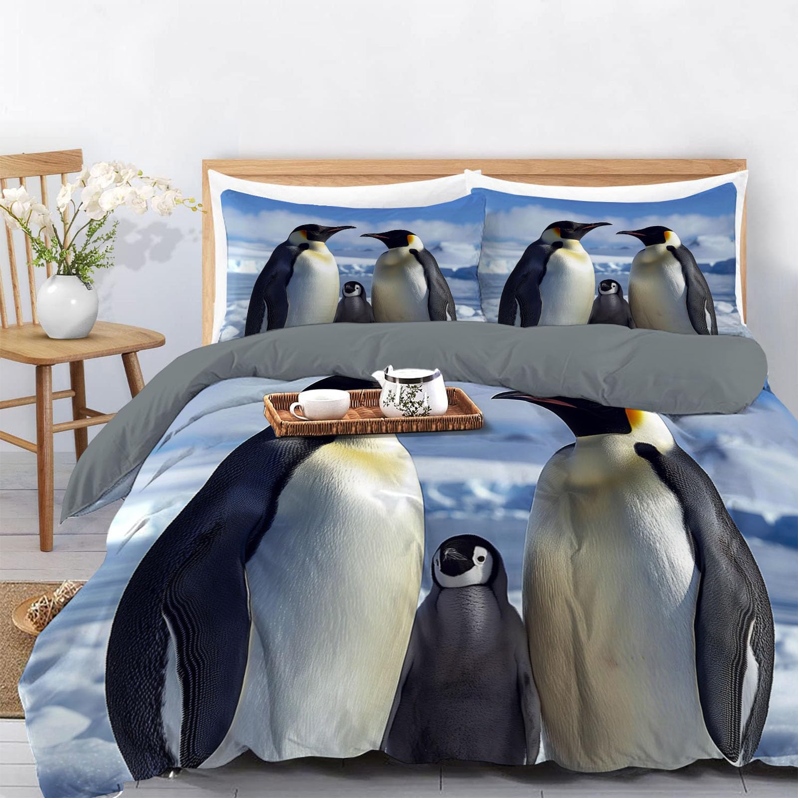 Housse de couette 240x260 cm motif pingouin sauvage et ses 2 taies d'oreiller