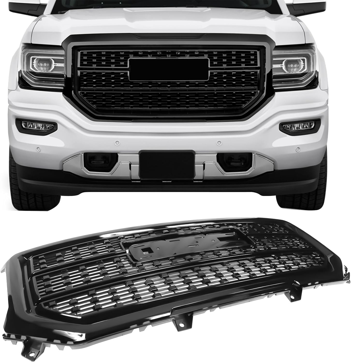 IKON MOTORSPORTS, Front Grille Compatible With 2016-2018 GMC Sierra 1500, Front Bumper Hood Mesh Grille Grill Replacement Denali Style Unpainted Black