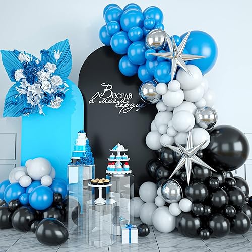Arco de globos azul y negro, kit de arco de globos azul y negro, guirnalda de globos negros y azules con globos negros azul oscuro y blanco, arco de