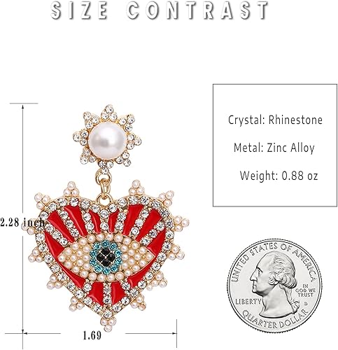 Vista 2 de SISOFTLY Aretes de ojo malvado, aretes colgantes de cristal con forma de corazón para mujer, aretes colgantes grandes