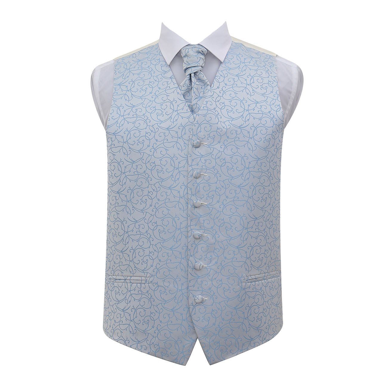 Dqt Men's Baby Blue Swirl Floral Jacquard Waistcoat, Cravat, Pocket Square & Cufflinks Set (4Pc) - Wedding, Business & Formal - 42" (Xl)