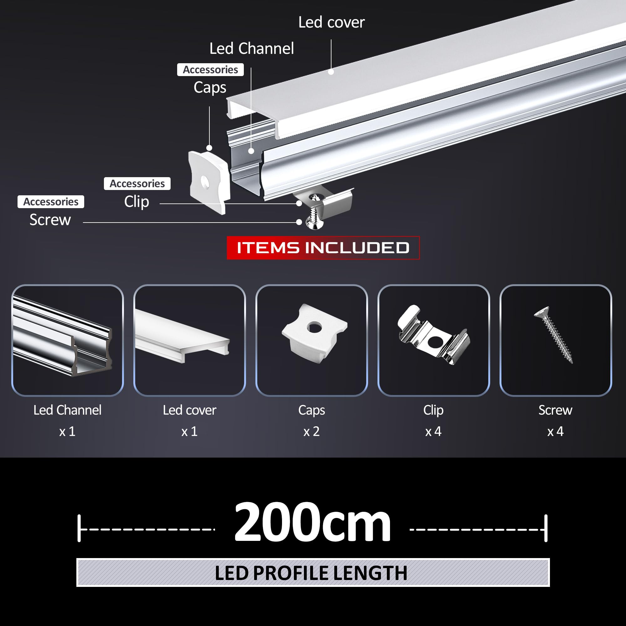 Profilo alluminio per strisce led con 10 coperture diffusore, 10 profili per strisce led da 2m, 20 cappucci e 40 clip per profili per strisce per illuminazione indiretta