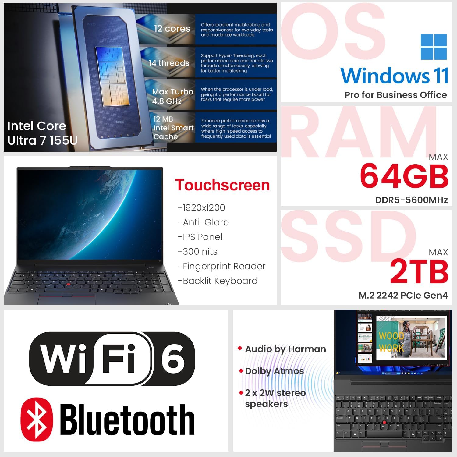 Lenovo ThinkPad E16 Business AI Laptop, 16" FHD+ Touchscreen, Intel Core Ultra 7 155U, 16GB DDR5, 512GB SSD, Fingerprint, Backlit, HDMI, 1080p Webcam, Wi-Fi 6, Windows 11 Pro, Bundle 7-in-1 USB-C Hub - Image 2