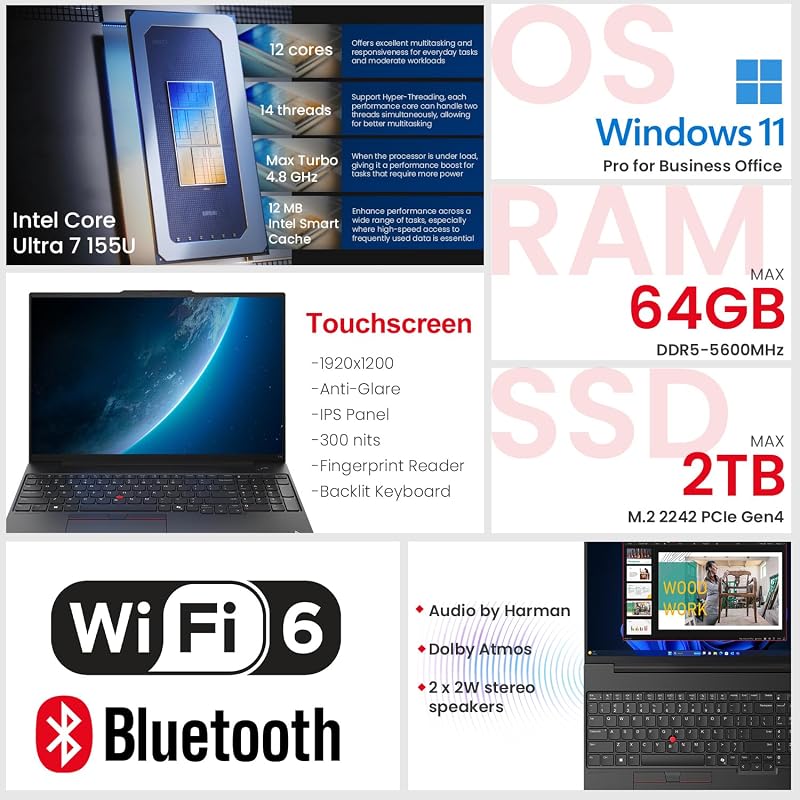 Lenovo ThinkPad E16 Business AI Laptop, 16" FHD+ Touchscreen, Intel Core Ultra 7 155U, 64GB DDR5, 2TB SSD, Fingerprint, Backlit, HDMI, 1080p Webcam, Wi-Fi 6, Windows 11 Pro, Bundle 7-in-1 USB-C Hub image 2