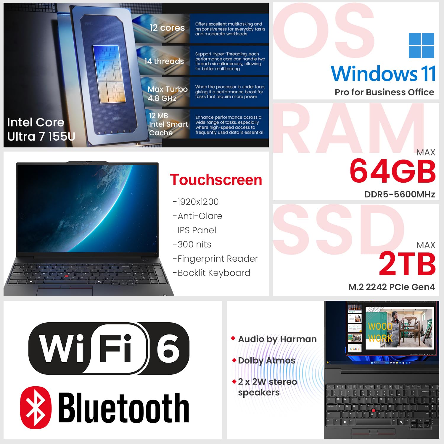 Lenovo ThinkPad E16 Business AI Laptop, 16" FHD+, Intel Core Ultra 7 155U, RAM DDR5 da 32 GB, SSD da 1 TB, impronte digitali, retroilluminato, HDMI, Wi-Fi 6, Windows 11 Pro, bundle con docking station