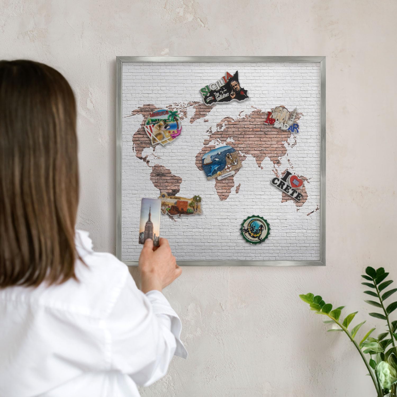 Tableau Magnétique en Métal 50x50 cm | Cadre Argenté | Carte En Briques