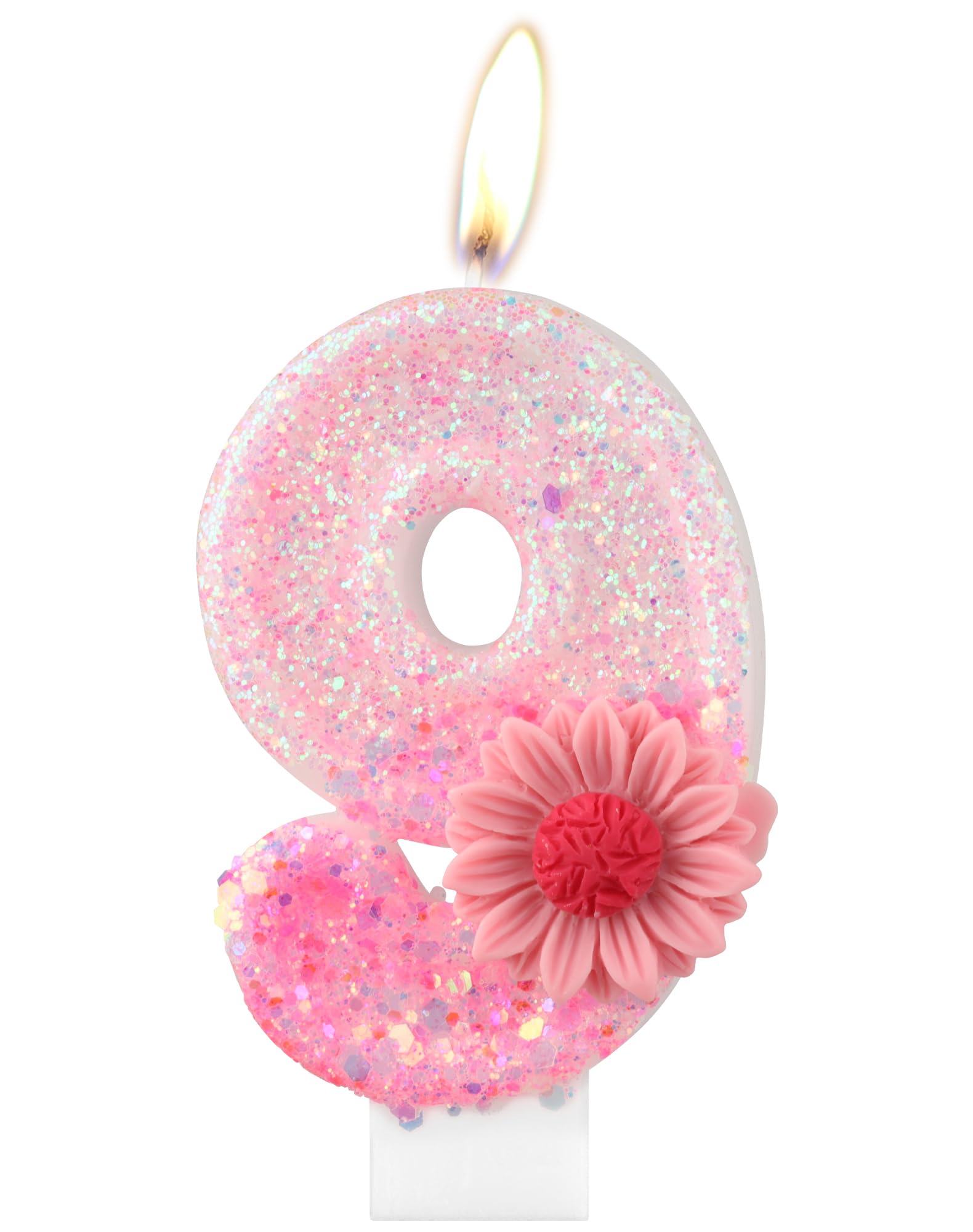 Velas de cumpleaños con números rosados, velas de cumpleaños rosas con número 9 para pastel de cumpleaños, vela de cumpleaños de margaritas rosas, vela con purpurina para niñas de 9º