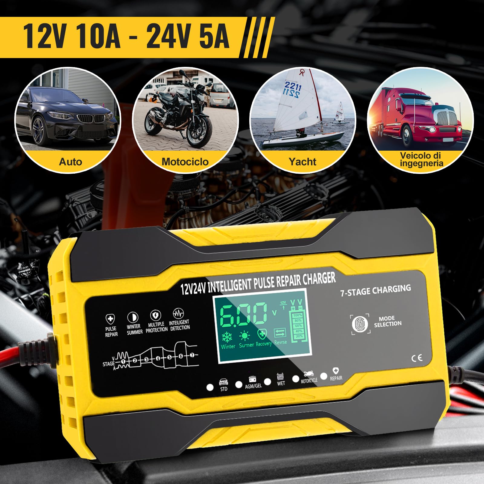 YDBAO Caricabatteria Auto di Carica 10A 12V/24V Caricabatterie Auto Moto con Schermo LCD Touch Multi Protezioni 5 Modalità di Ricarica Caricabatterie per Auto Moto AGM