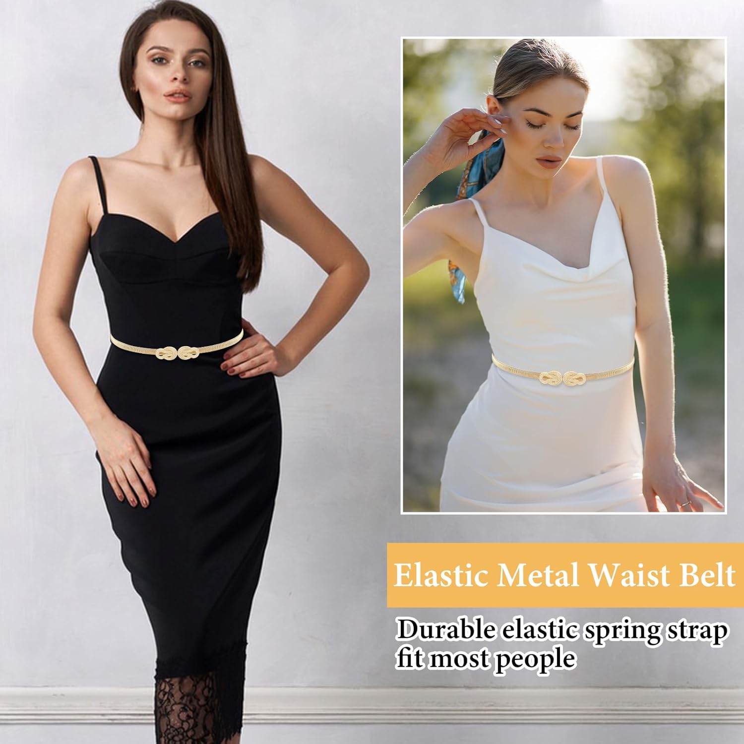 Ouligay Skinny Belts for Women Dresses Gold Belts Metal Chain Belt Woman Fashion Gold Dress Waist Belt Elastic Pendant Chain for Ladies Dresses - Image 6