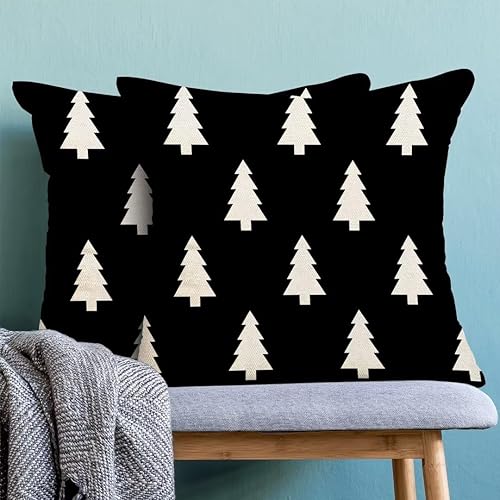 Miniatura 4 de Juego de 2 fundas de almohada de Navidad de 18 x 18 pulgadas, diseño geométrico de árbol de Navidad en blanco y negro, fundas de almohada de lino