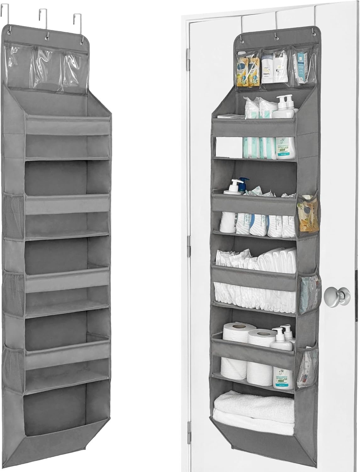 Over The Door Organizer Hanging with 5 Large & 6 Side Pockets 5 Tier Behind Door Storage 50 lbs for Closet, Nursery, Bathroom Door Organizer, 1 Pack, Grey