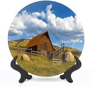 HABEN ARTWORK Decorative Ceramic Plates for Display with Stand, 8" fall steamboat springs colorado barn autumn pictures Dinner Plate for Wall Hanging Tabletop Decor Home Housewarming Gifts