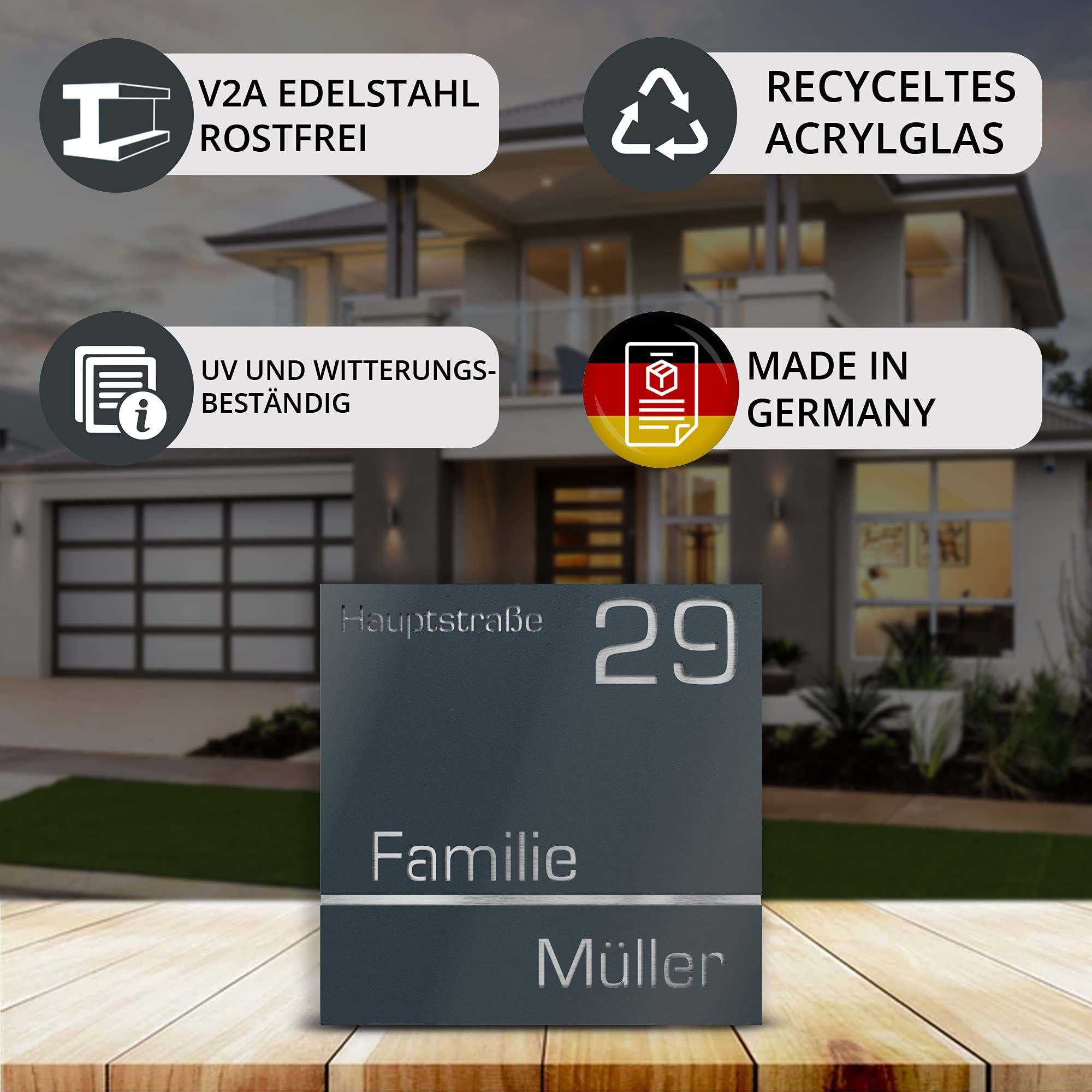 Hausnummer aus V2A Edelstahl 380x380mm - Anthrazit RAL 7016 - Wetterfest Rostfrei Individuell anpassbar Straße Nummer Familienname - Made in Germany