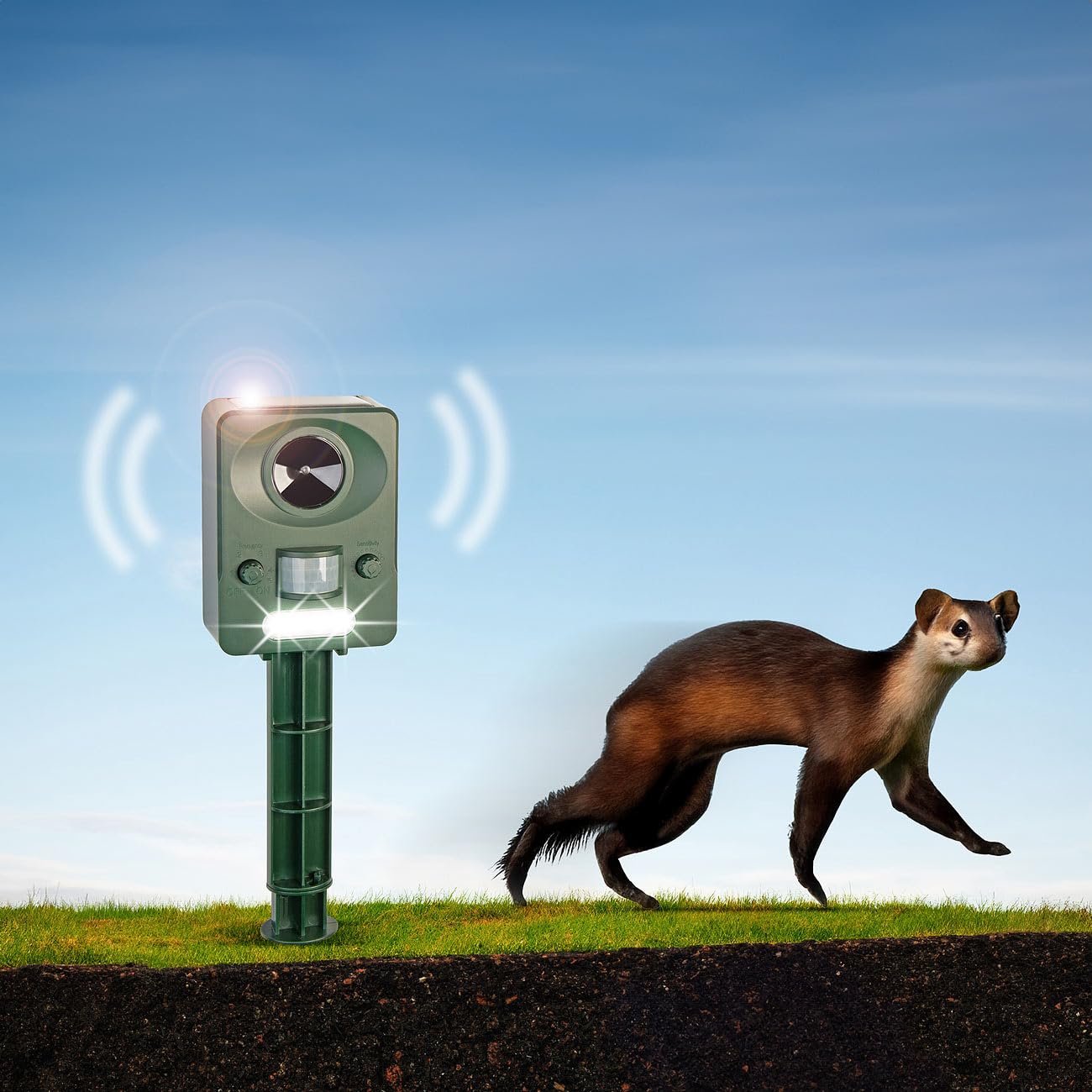 Exbuster Rattenabwehr: 4er-Set Ultraschall-Solar-USB-Tierschreck mit Blitzlicht & PIR-Sensor (Elektrischer Katzenschreck, Solar-Ultraschall-Tierabwehr, Hund)
