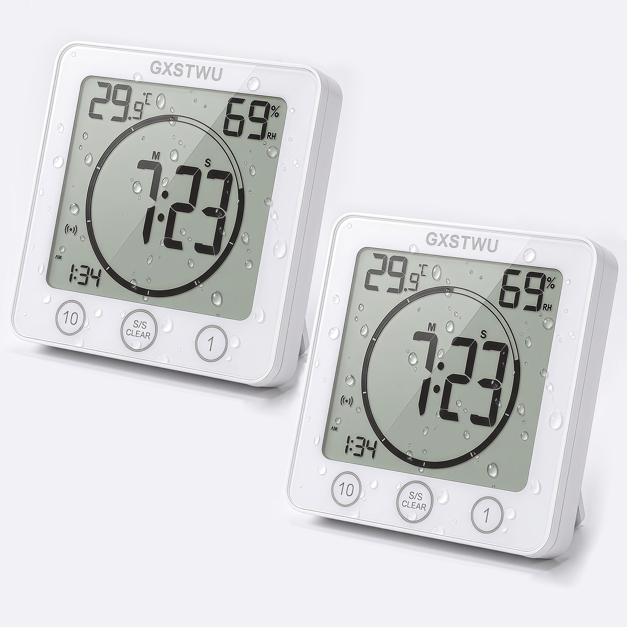 Gxstwu White 2Pcs Digital Bathroom Clock Shower Timer With Alarm, Waterproof Clocks For Bathroom Kitchen Thermometer Hygrometer Wall Clock With Suction Cup Hanging Hole Magnet (2Packs)