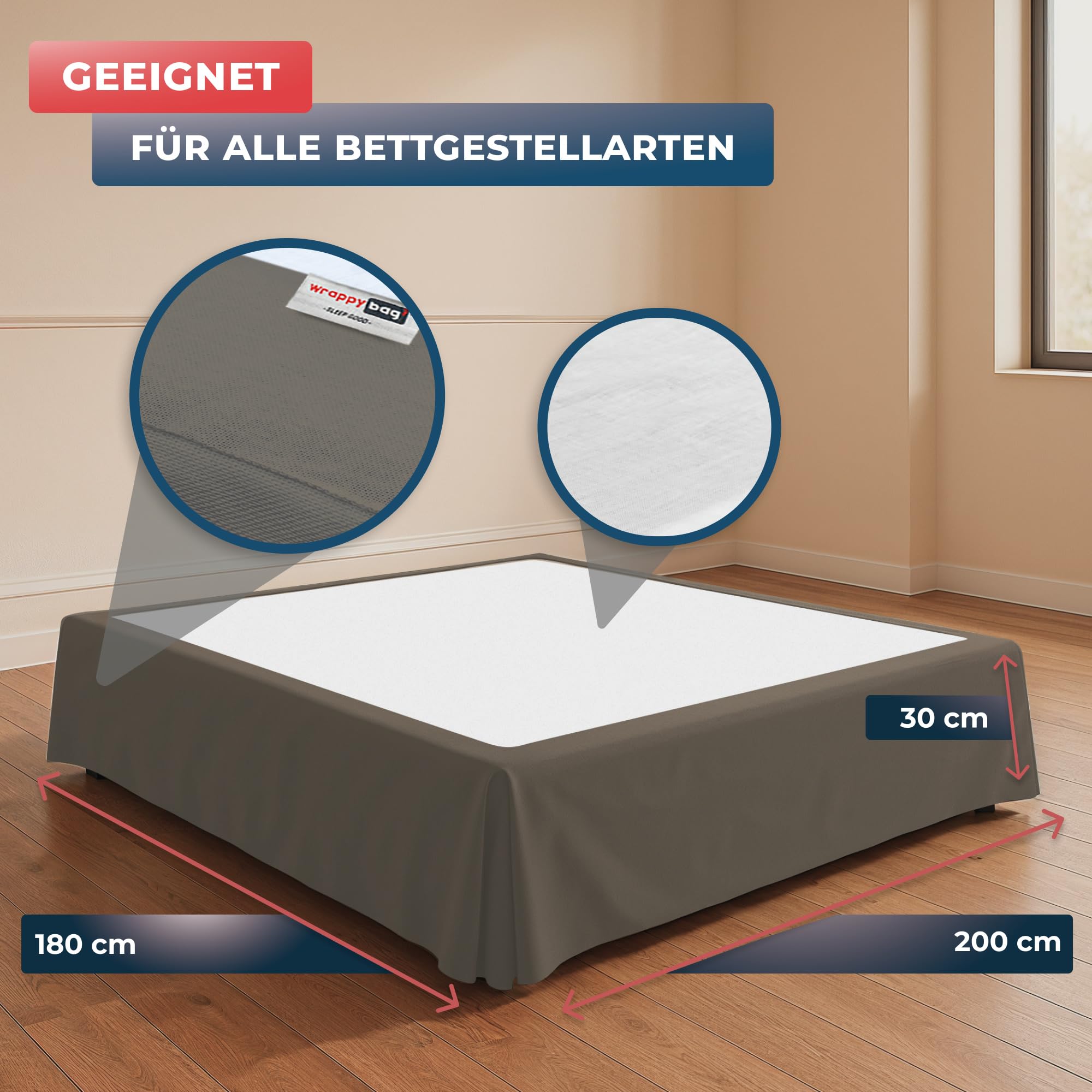 Bettumrandung für Boxspringbett 180 x 200 cm – Bodenlange Betthusse Taupe