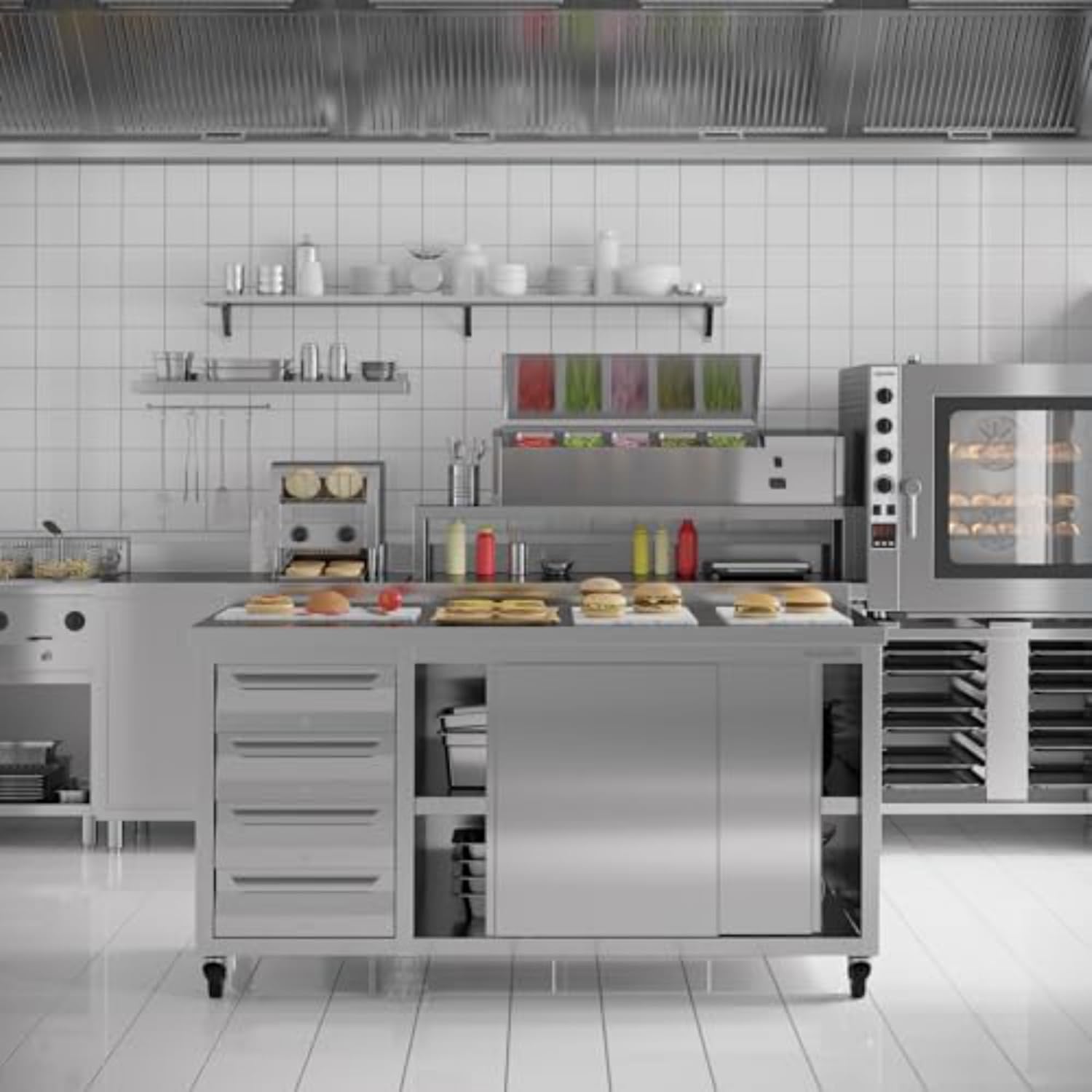 Stainless Steel Prep Table with Drawers, Sliding Doors and Wheels - Commercial Kitchen Work Table Backsplash and Under Shelf - Heavy Duty Commercial Work Station for Restaurant Hotel (63x23x33 inches)