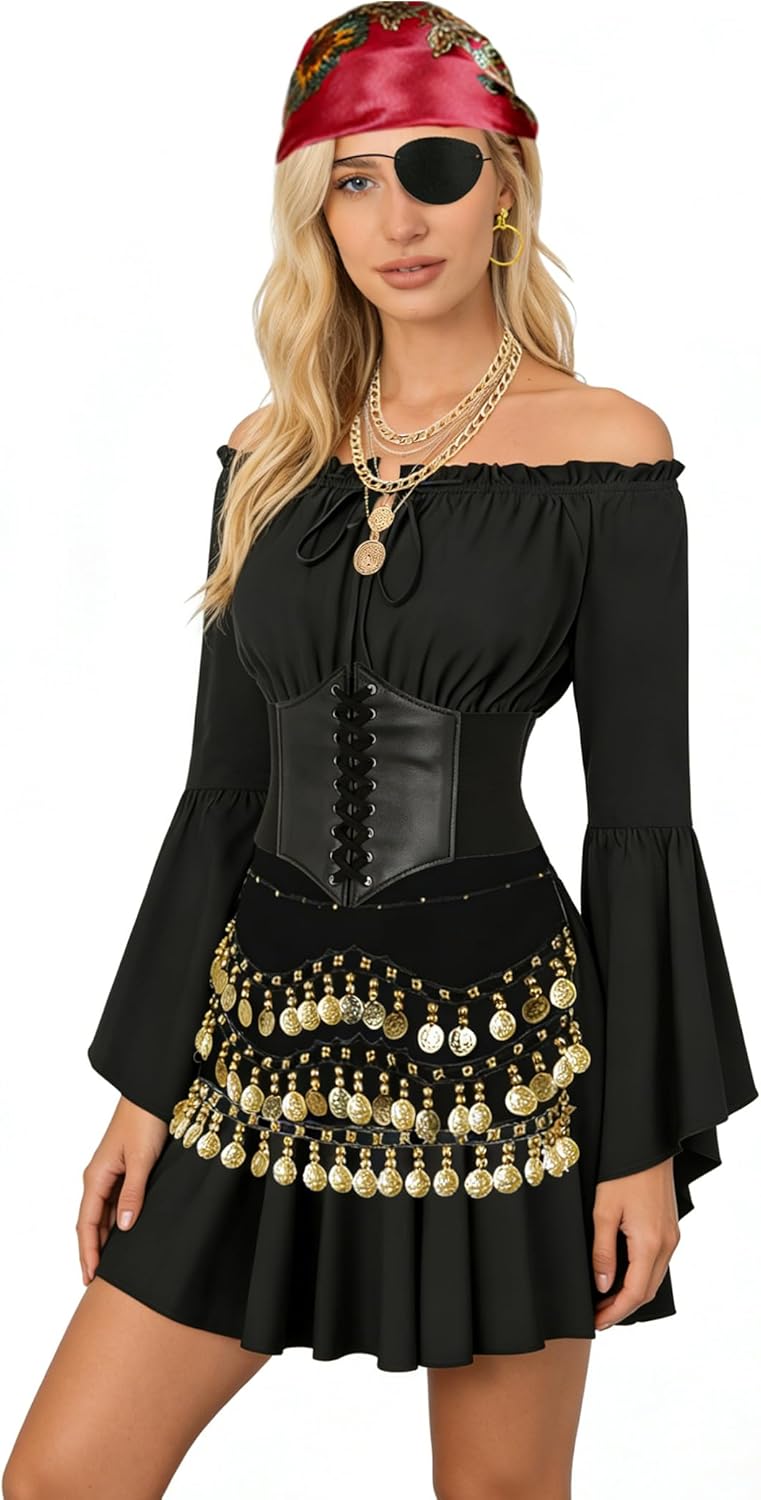 Pirate Costume Women with Off Shoulder Dress Gold Sequin Belt Accessories Halloween Set Costume