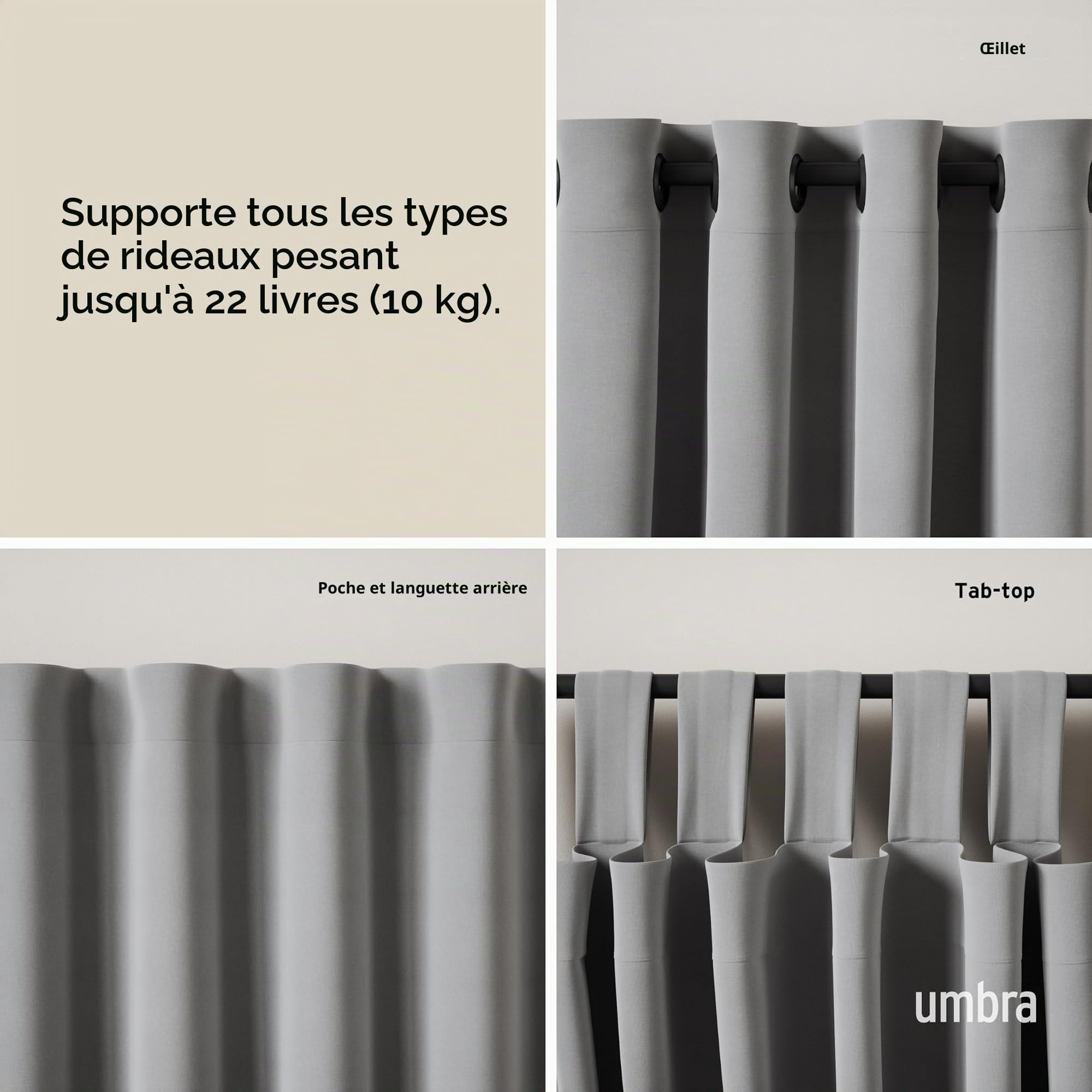 Umbra Ringlet Tringle à Rideaux Extensible, 2,5cm, 107-305 cm, 2 Embouts, Supports Muraux et Matériel De Fixation Inclus, Noir mat