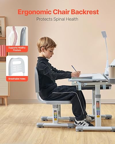 Miniatura 4 de VEVOR Juego de silla y escritorio de estudio para niños, escritorio de estudio y silla para niños con lámpara de mesa, altura ajustable y escritorio