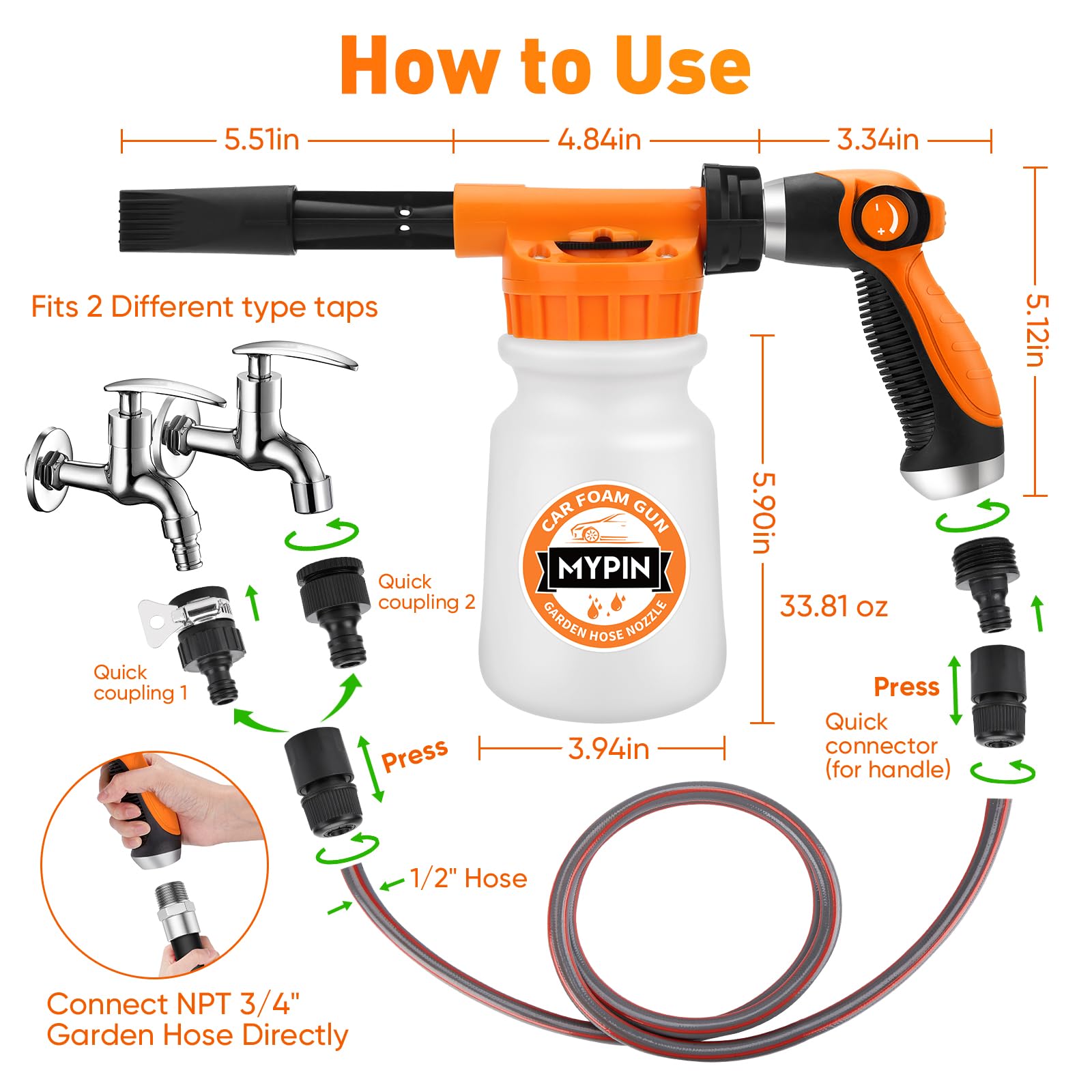Lanza de Espuma de Nieve,1000 ml Pistola de Espuma Coche Cañón Espuma Nieve con 2,5 a 6 Barras Espuma Blaster, boquillas,manopla de lavado,toalla para limpieza de automóviles y casas,jardines(naranja)