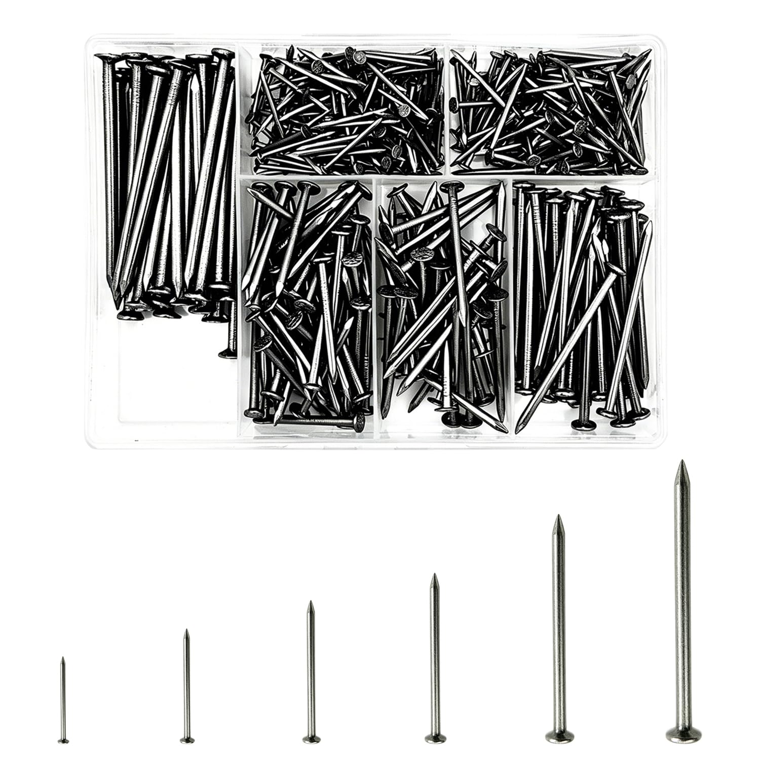 6 Sizes Assorted Steel Nails Set - 393 Pcs Carbon Steel Common Nails Assortment Kit, Includes 2/3", 3/4", 1", 1-1/4", 1-1/2", 2" Finished Nails for Woodworking, Hanging, Home Repairs