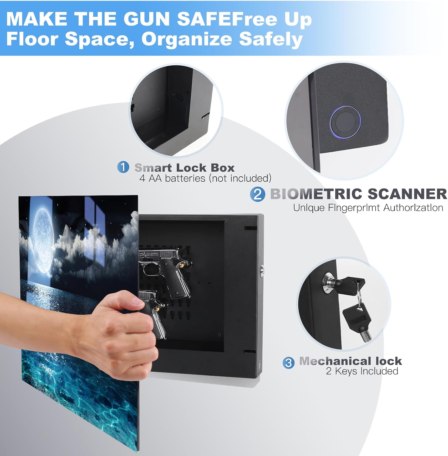 Moon Gun Safe for Handgun, Pistol Safe with Fingerprint & KEY Access, Moon Wall Art Glass Hidden Gun Storage with Decor Function For Wall-Mounted, Fathers Day Gift -18.8IN