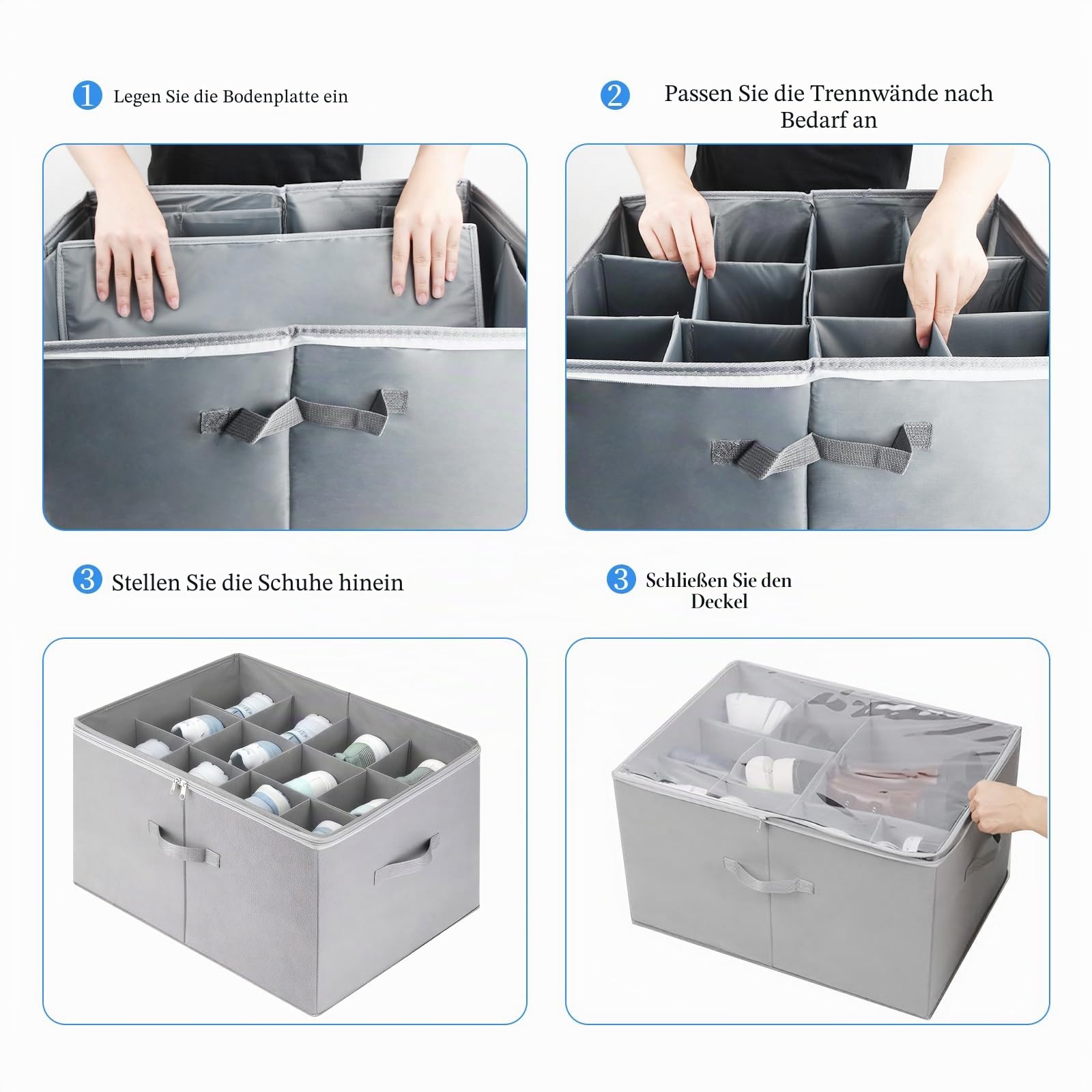 Aufbewahrungsbox für Schuhe, Schuh Aufbewahrungssysteme mit 12 Fächern, Schuhorganizer für Closet, mit Tragegriff, Geeignet für Stiefel, Hohe Absätze, Flache Schuhe, etc., Grau