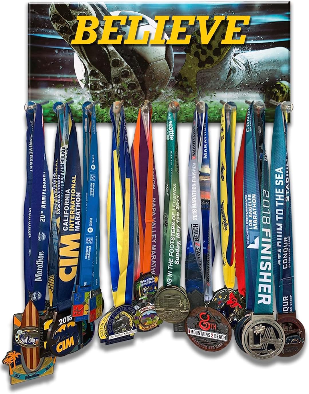 Sports Medal Display Rack – Wall Mount Award Holder for Althetes – Holds 50 Plus Medals (Believe – Soccer, Standoff Mounting Bolts)