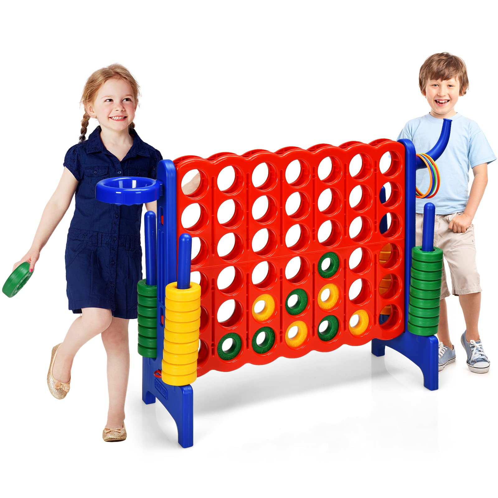 Maxmass Giant 4 in A Row, Four Connect Board Game Set with PU Basketball, 42 Jumbo Rings & Quick-Release Slider, Jumbo 4-to-Score Games for Indoor Outdoor