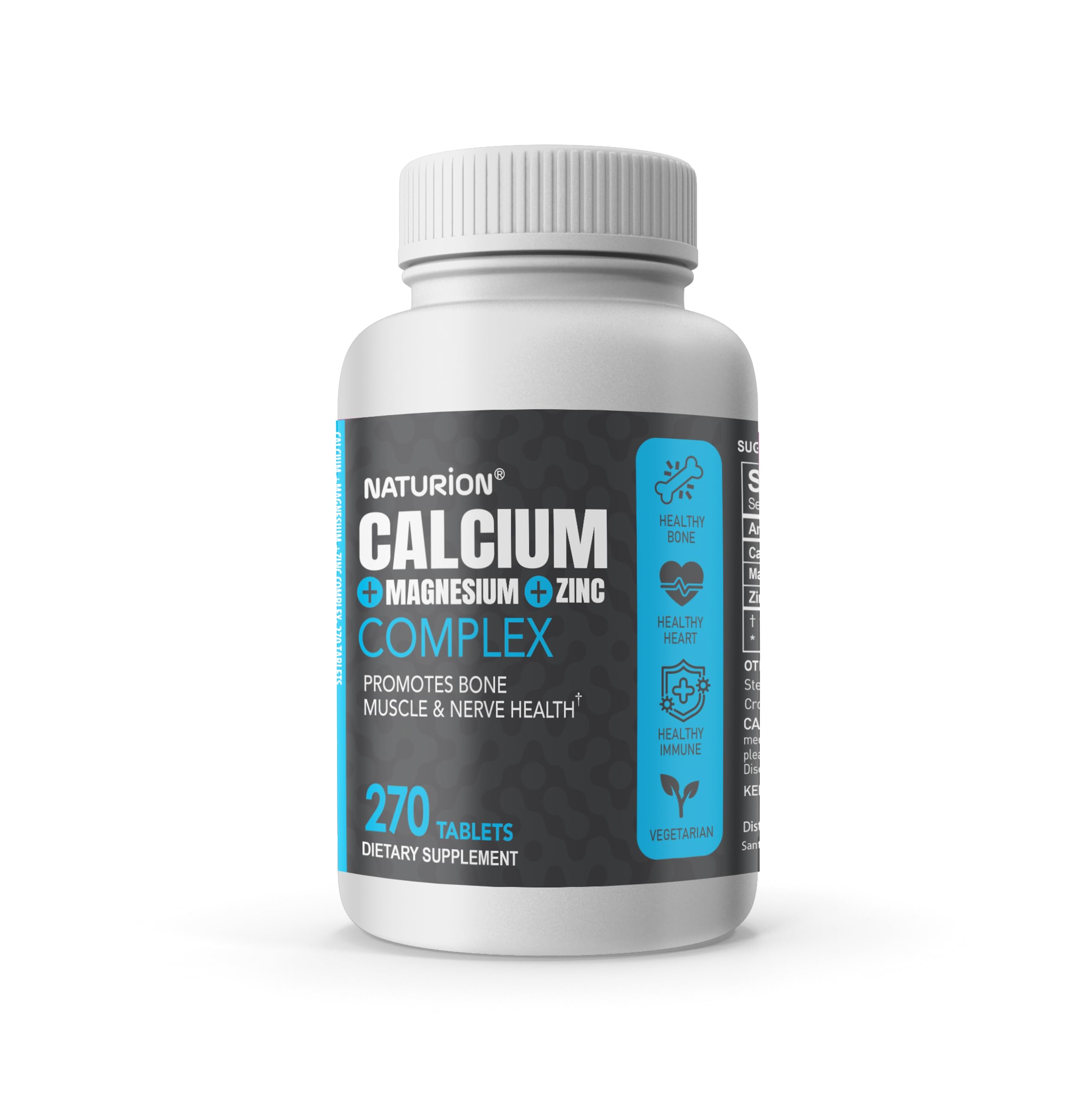 Calcium Magnesium Zinc Supplement - 3-in-1 Complex with 1000mg Calcium, 500mg Magnesium, 10mg Zinc - Bone, Muscle & Immune Support - 270 Tablets, 90 Day Supply 270 Count (Pack of 1)
