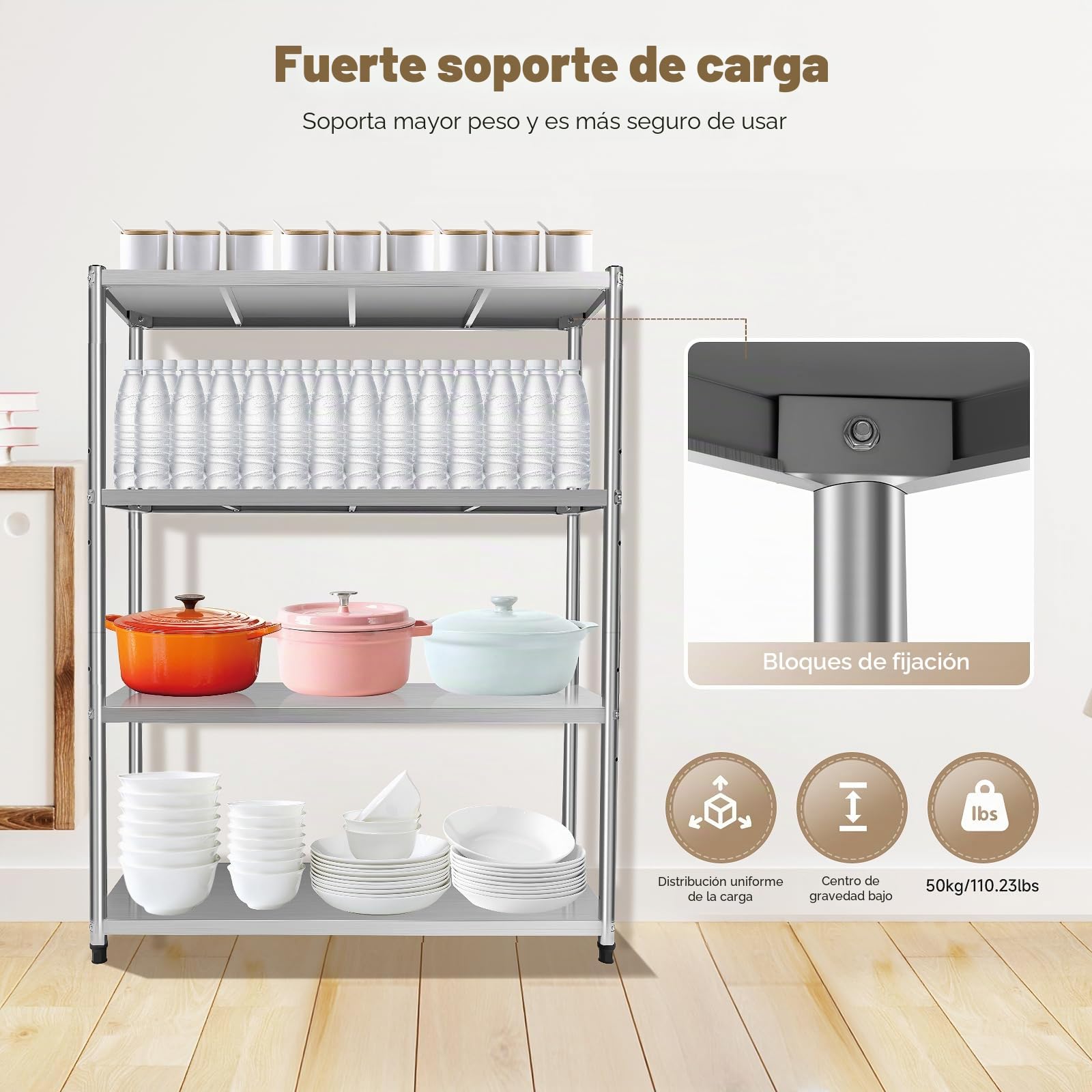 Estantería de acero inoxidable con 4 estantes, para cargas pesadas, 120 x 40 x 150 cm, de acero inoxidable, para cocina, de metal, de almacenamiento, para catering, altura regulable, hasta 50 kg