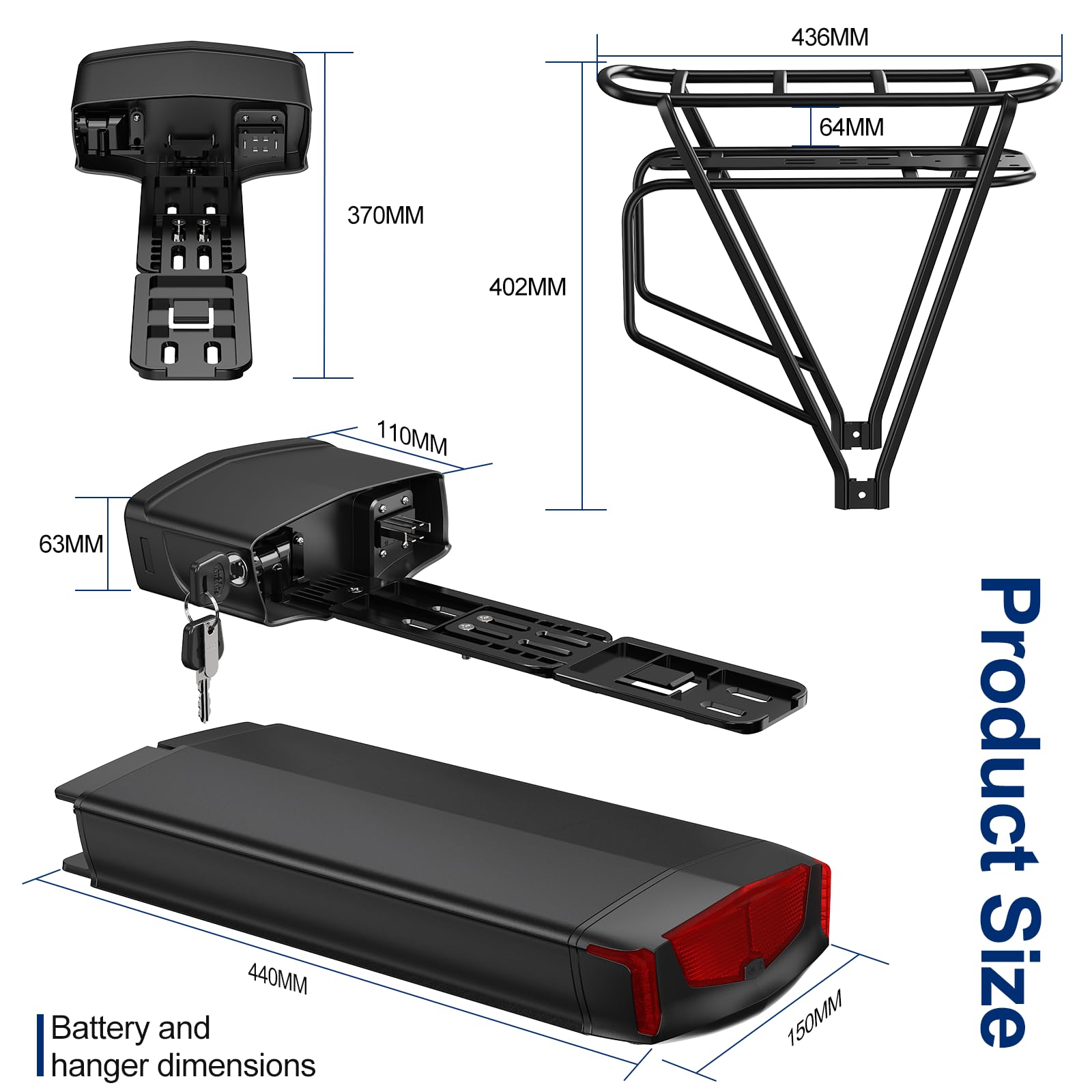 Batteria per bici elettrica con fanale posteriore - Batteria per bici elettrica con portapacchi pper motori elettrici da 250 W, 500 W, 750 W e 1000 W