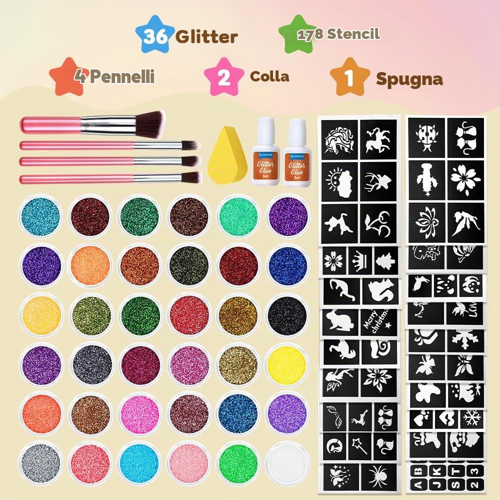 Bledras Kit Tatuaggi Glitter per Bambini, Regalo per Compleanno Festa di Carnevale 36 Colori con 18 Stencil, Kit Trucco Temporaneo Non Tossico per Bambini, Regalo per Compleanno Festa di Natale