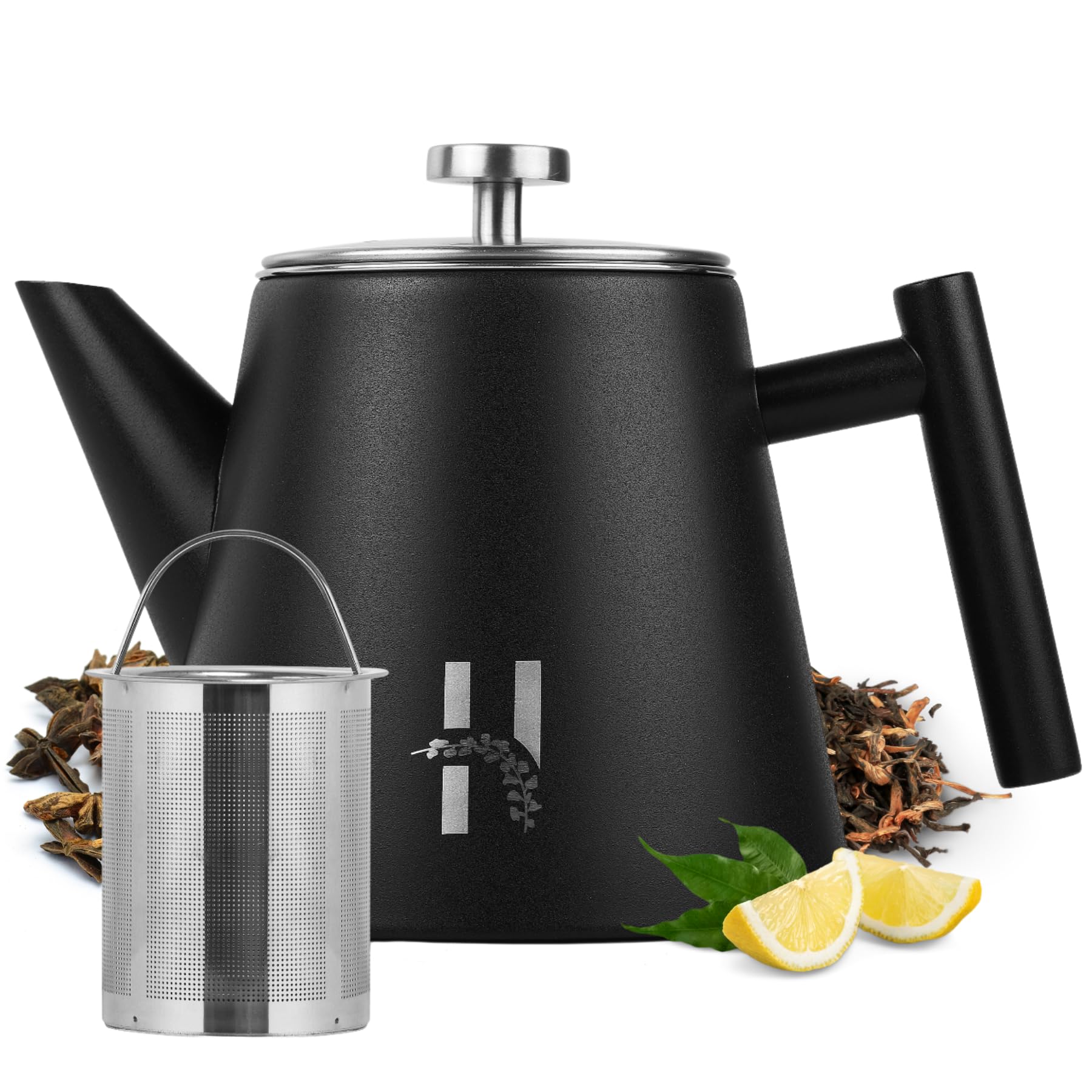 Théière isotherme Hanamura avec infuseur - en acier inoxydable à double paroi 1L - noire moderne pour thé et tisane