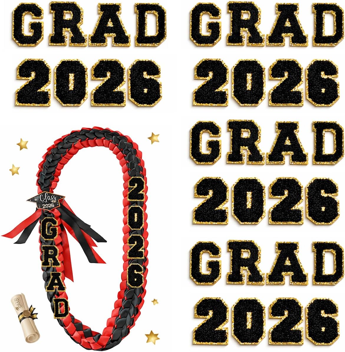 Upgraded 32 PCS Grad 2026 Letter Patches Self Adhesive, 2.1 Inch Iron on Patches Sew on Chenille Letter Patches with Glitter, Graduation Embroidered Applique for DIY Tees Bags Lei Grad Decor (Black)