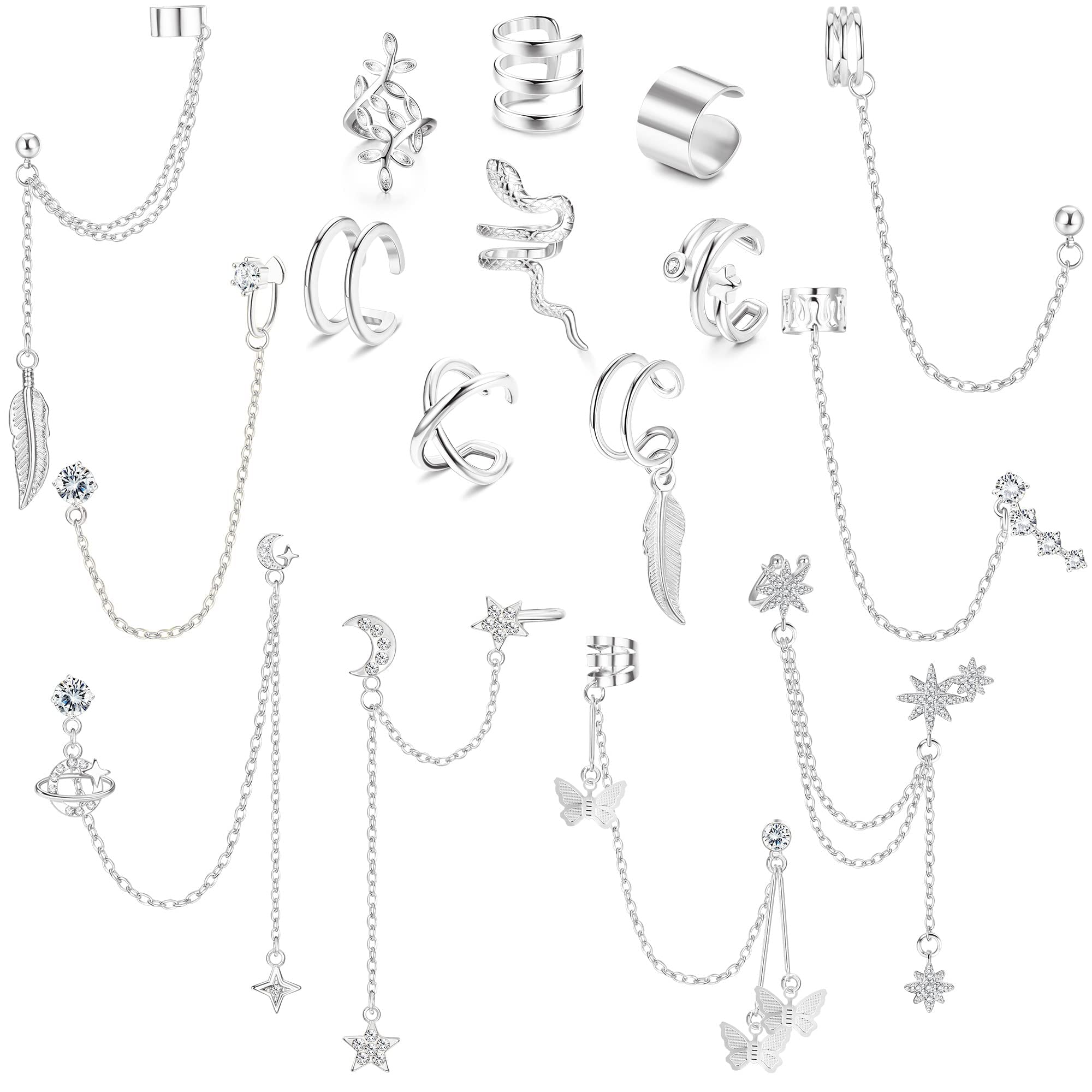 MILACOLATO 16 Uds Pendientes Mujer Ear Cuff de Manguito de Oreja, Pendientes de Cadena con Clip en Cartílago de Hélice, Pendiente de Manguito Envolvente no Perforado Ajustable