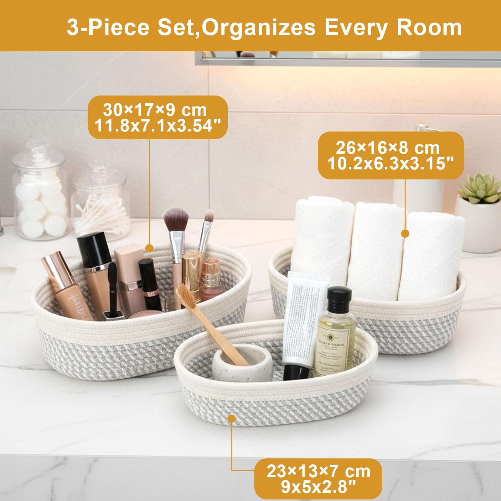VINATO Panier de Rangement,Petit Panier Tressé, Lot de 3 Organisateur Salle de Bain Multifonctions (3 Tailles) - pour Salle de Bain, Cuisine, Chambre d'Enfants et Déco