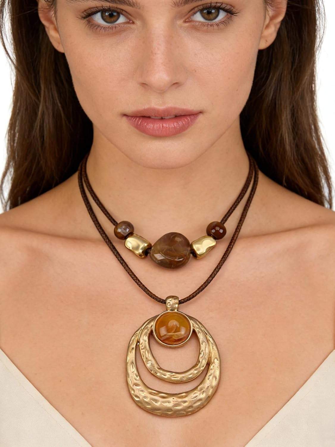 GelConnie Boho Necklaces for Women Cowgirl Necklace Stone Leather Cord Pendant Necklaces With Beads Long vintage Layered Choker Necklace