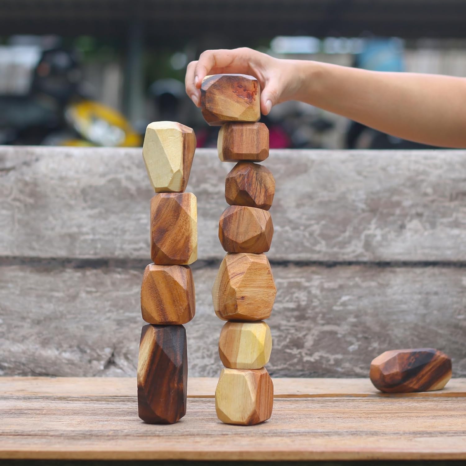 SiamMandalay 12 Pcs. Wooden Balancing Blocks: Handmade Meditative Educational Game Sensory STEM Toy Stacking Game Wood Balance Rocks Set (Tum ISHI) Montessori with Cotton Bag
