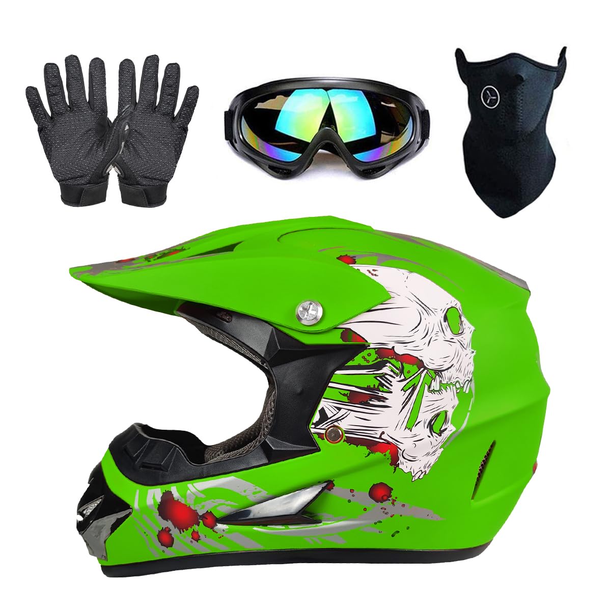 CUTEY Motocross Helmet, Unisex Youth Kids ATV Dirt Bike Street Ride Off-Road Motorycle Helmet Set (4Pcs, W/ Goggles Gloves Mask)