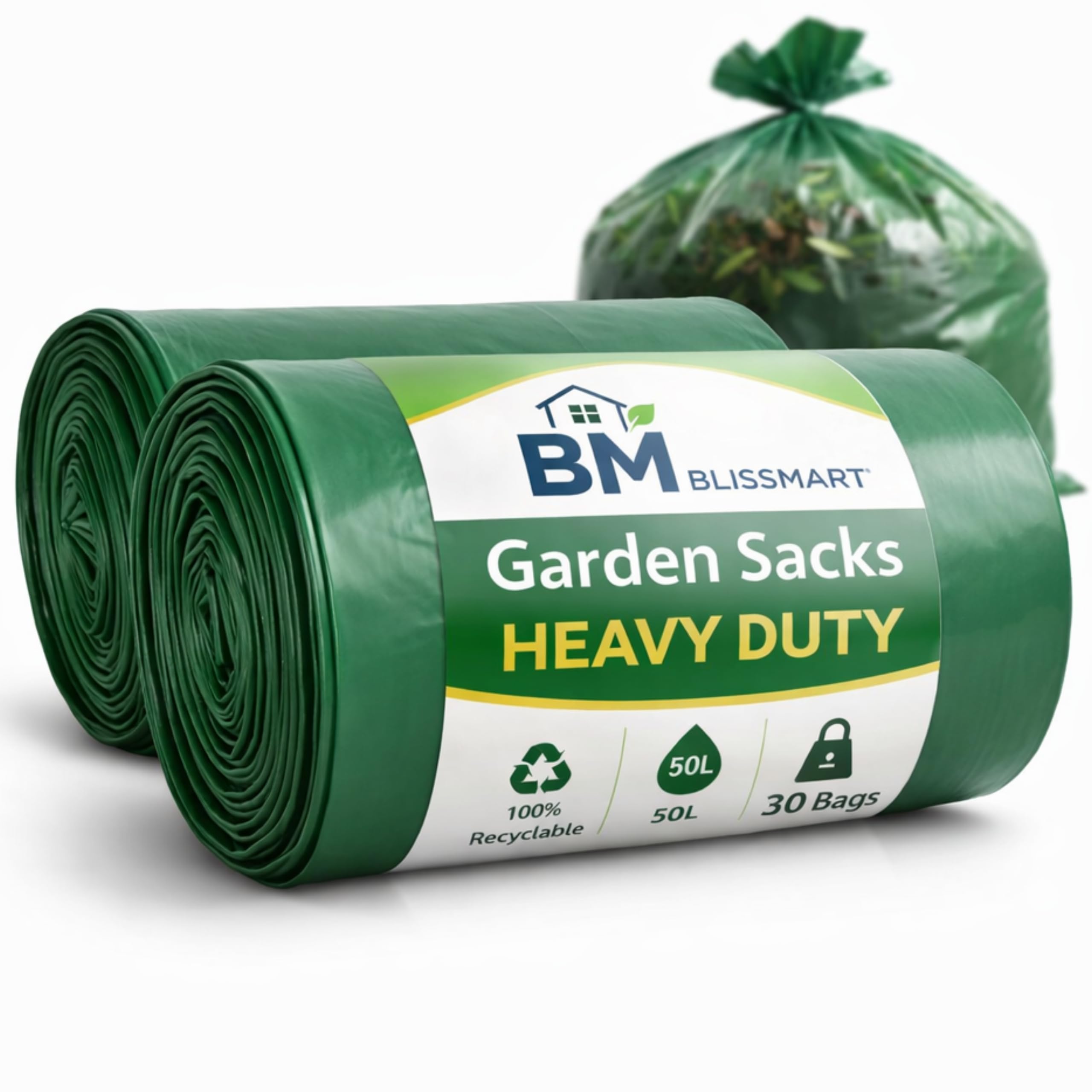 BLISSMART Garden Waste Bags 50L 30 Bags Heavy Duty Garden Waste Bags Extra Strong Leak Resistant Green Bin Bags Recyclable Waste Disposal Bags for Commercial & Household