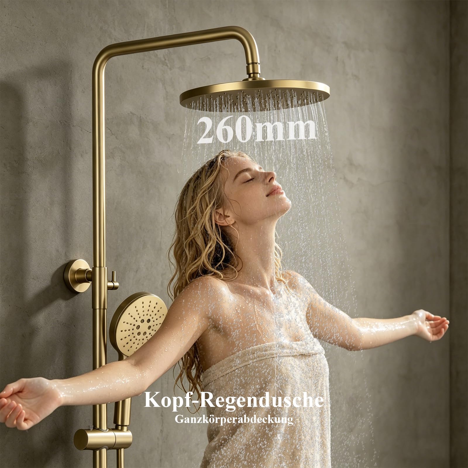 Regendusche mit Armatur Duschsystem Gold mit 3-Funktion Handbrause