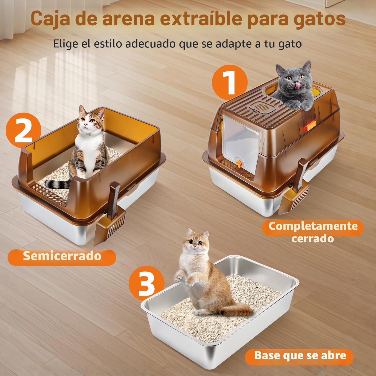 Caja de arena cerrada de acero inoxidable para gatos con tapa, caja de arena extra grande para gatos grandes, bandeja de arena de metal con lados altos con cuchara, control de olores